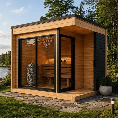 Sauna ogrodowa R-APPO z prysznicem i piecem – zestaw START dla 4–6 osób